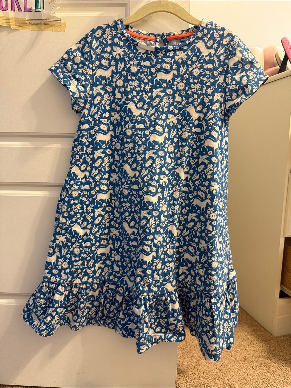 Mini Boden Blue Dress with White Floral & Animal Print